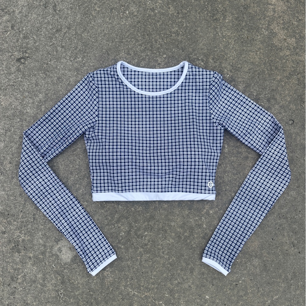 Blue Checkered Long Sleeve Crop Top